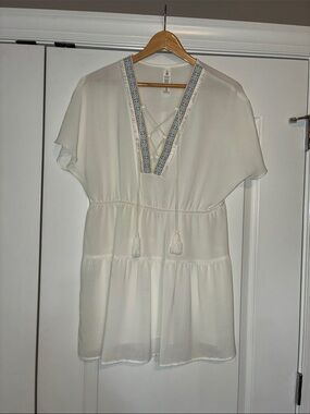 Swim Coverup White Embroidered V-Neck Tassel